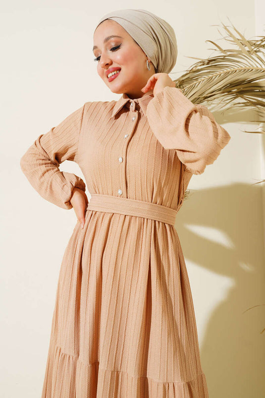 Half Stone Buttoned Dress Beige
