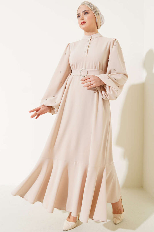 Yarım Taş Düğmeli Volanlı Elbise Taş