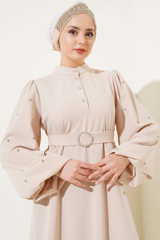 Yarım Taş Düğmeli Volanlı Elbise Taş