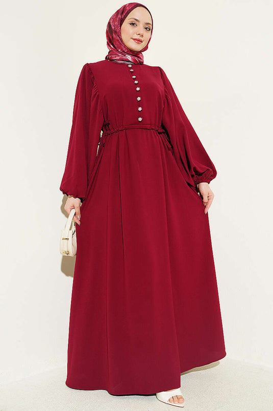 Burgundy Dress with Half-Stone Buttons and Side Ties