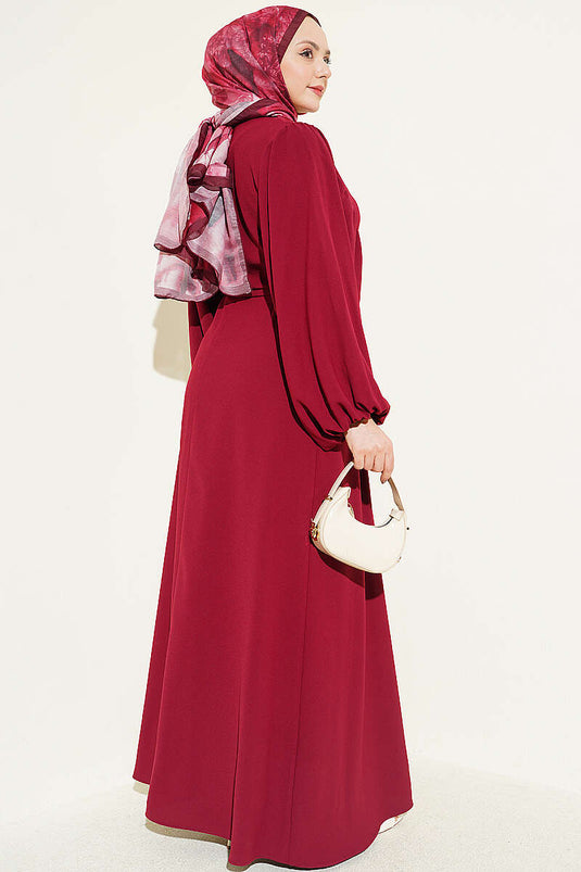 Burgundy Dress with Half-Stone Buttons and Side Ties