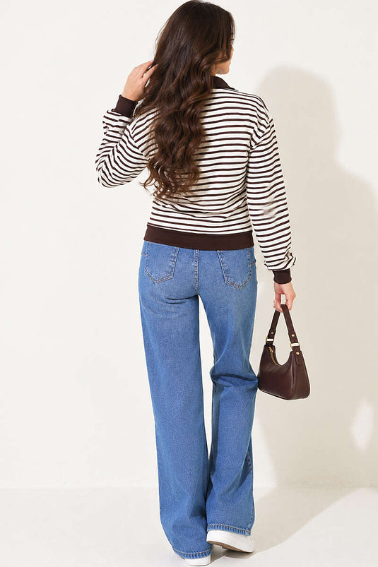 Yarım Yaka Fermuarlı Çizgili Sweatshirt Kahve