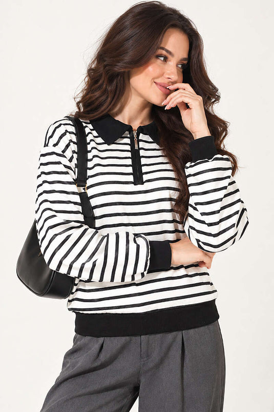 Yarım Yaka Fermuarlı Çizgili Sweatshirt Siyah