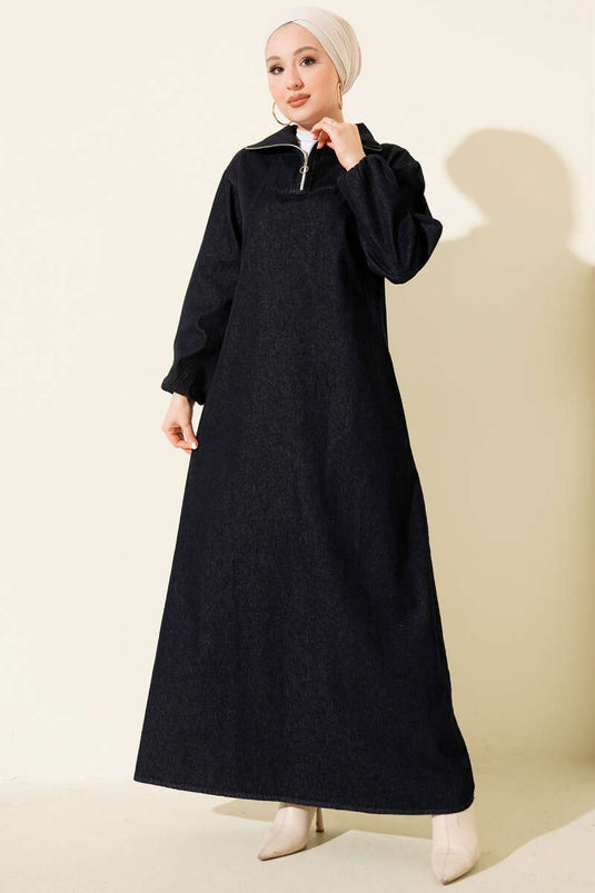 فستان جينز أزرق كحلي بياقة نصفية وسحاب