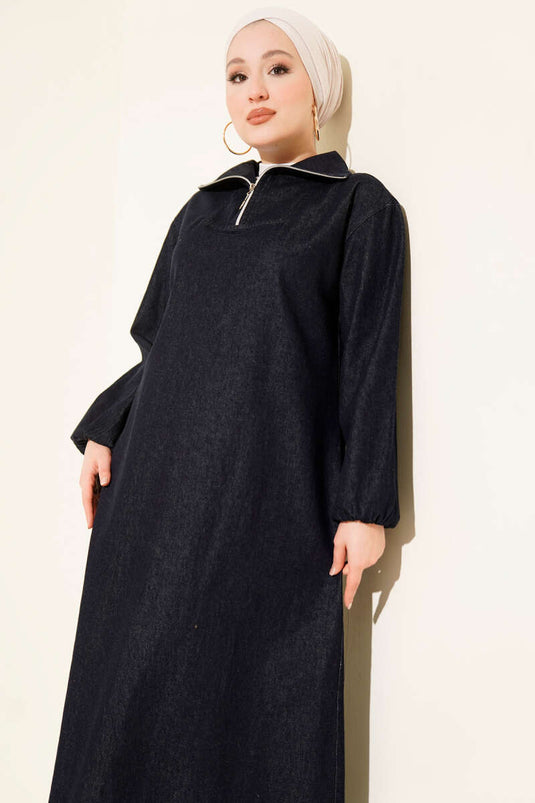 فستان جينز أزرق كحلي بياقة نصفية وسحاب