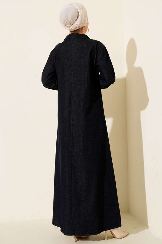 فستان جينز أزرق كحلي بياقة نصفية وسحاب