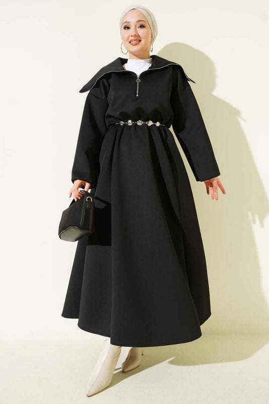 Yarım Yaka Fermuarlı Scuba Elbise Siyah