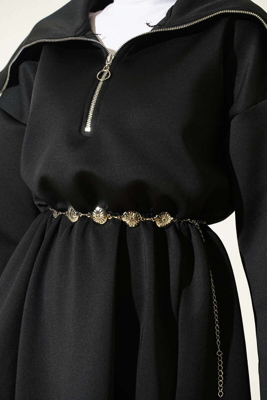 Yarım Yaka Fermuarlı Scuba Elbise Siyah