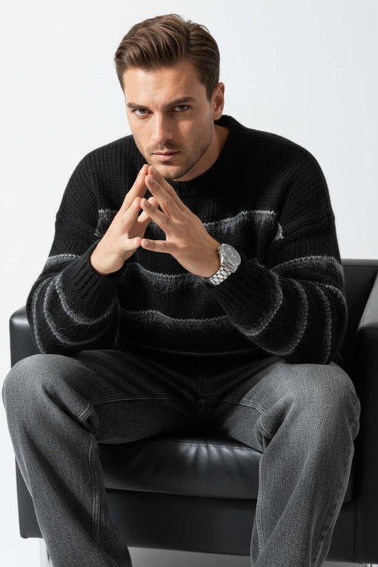 Bed Striped Fluffy Knit Men's Sweater Black