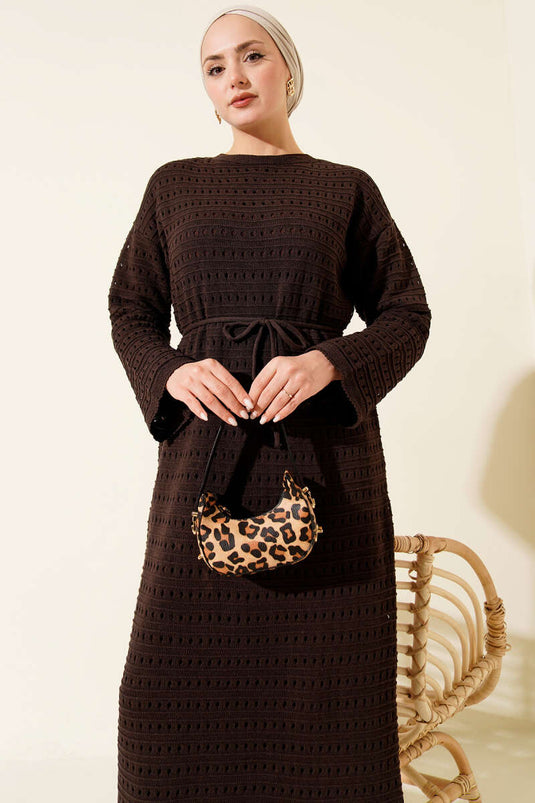 Horizontal Openwork Knit Dress with Rope Belt Dark Brown