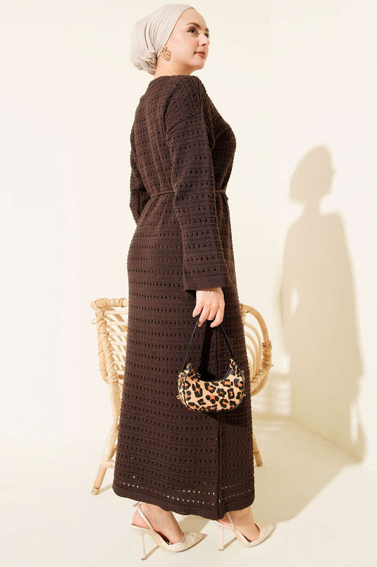 Horizontal Openwork Knit Dress with Rope Belt Dark Brown