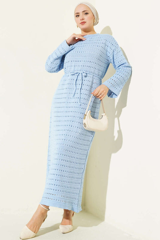 فستان تريكو بحزام من خيوط مفتوحة من ياتاي، لون أزرق فاتح