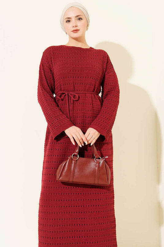 Horizontal Openwork Knit Dress with Rope Belt Burgundy
