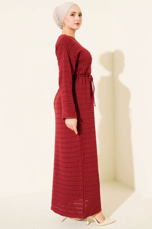 Horizontal Openwork Knit Dress with Rope Belt Burgundy