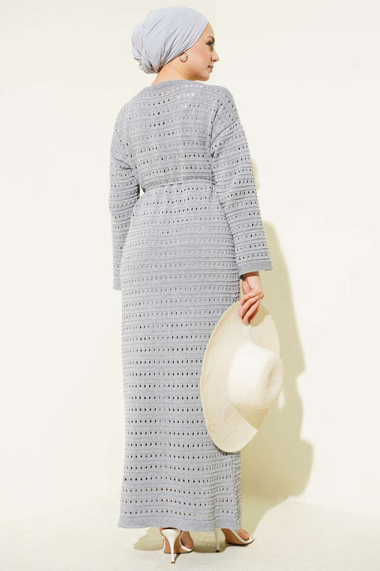 Yatay Ajurlu İp Kuşaklı Triko Elbise Gri