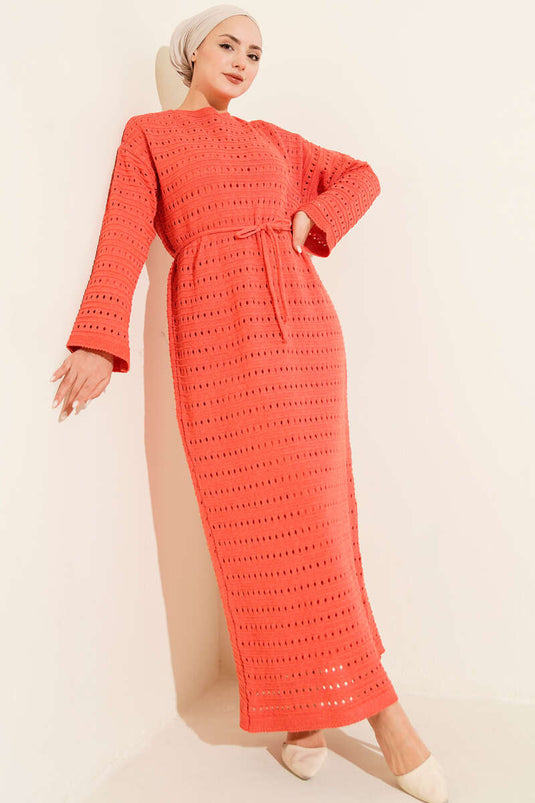 Horizontal Openwork Thread Belted Knit Dress Rose Dust
