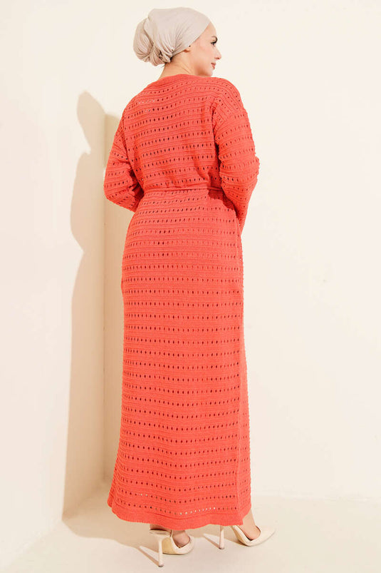 Horizontal Openwork Thread Belted Knit Dress Rose Dust