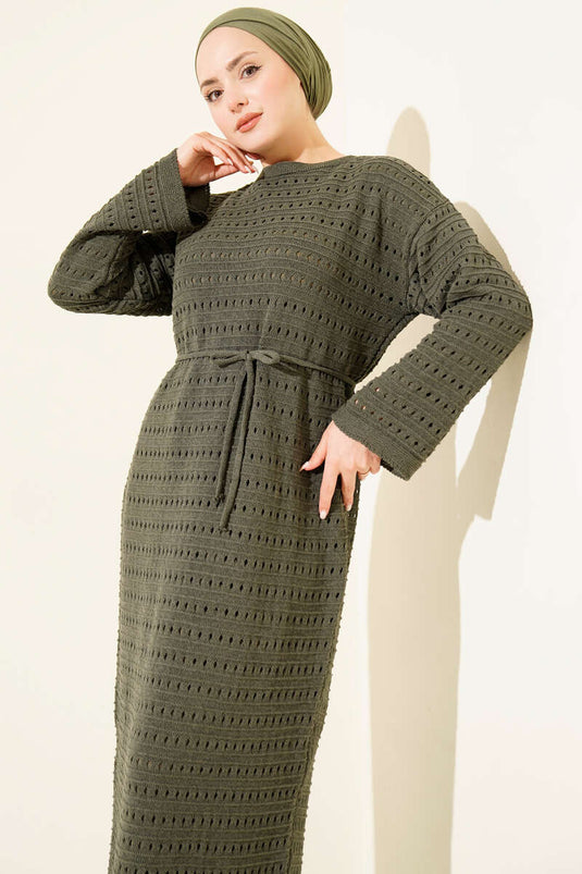 Horizontal Openwork Knit Dress with Rope Belt, Khaki
