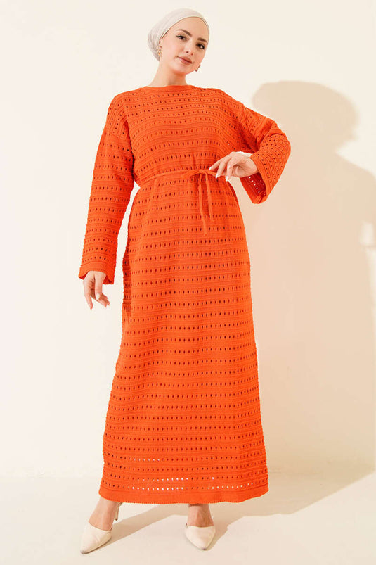 Robe en tricot à ceinture en corde ajourée horizontale orange