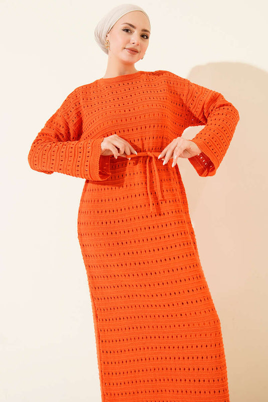 Horizontal Openwork Knit Dress with Rope Belt Orange