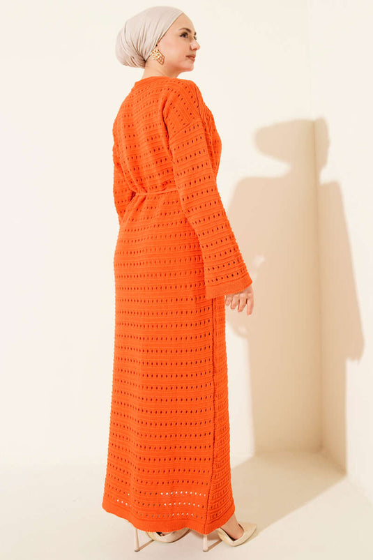 Horizontal Openwork Knit Dress with Rope Belt Orange