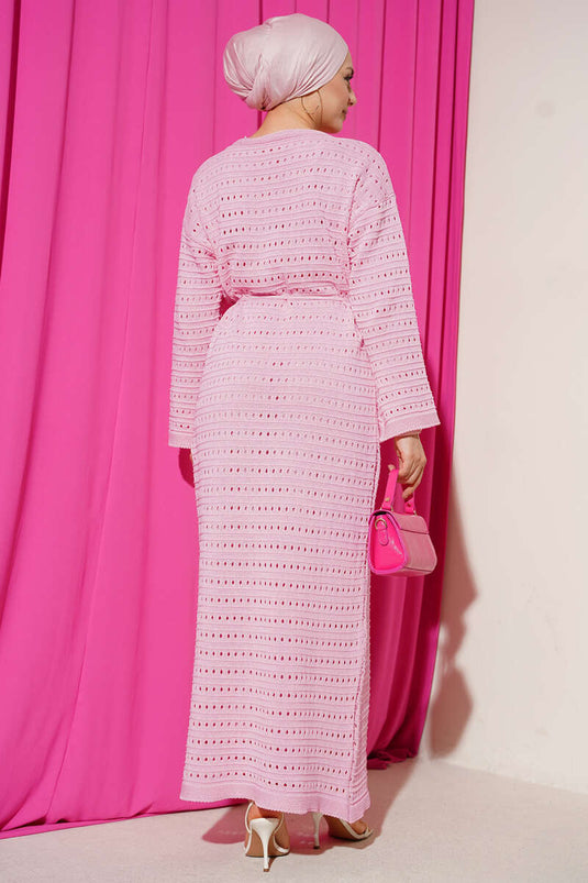 Yatay Ajurlu İp Kuşaklı Triko Elbise Pembe