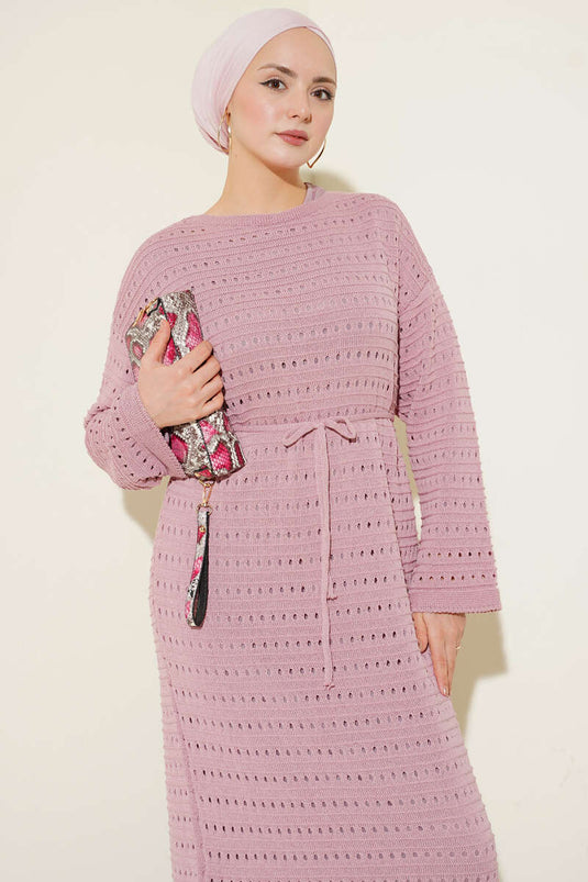 Yatay Ajurlu İp Kuşaklı Triko Elbise Pudra