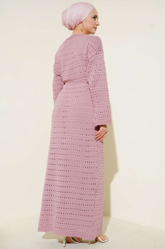 Yatay Ajurlu İp Kuşaklı Triko Elbise Pudra