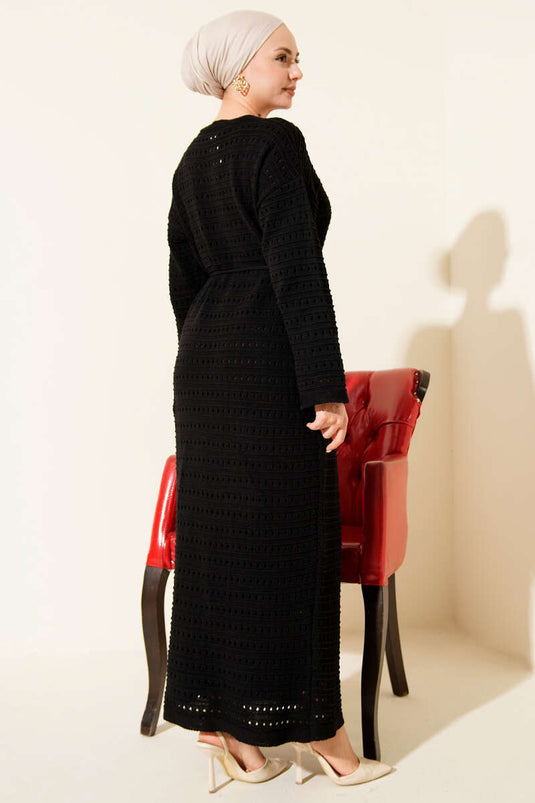 فستان تريكو بحزام من الخيط المفتوح من ياتاي باللون الأسود