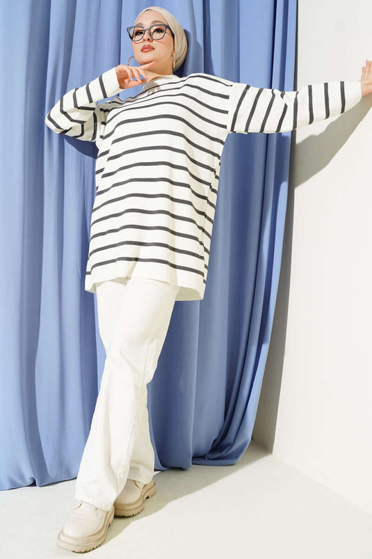 Yatay Çizgi Detaylı Basic Triko Tunik Bej Gri