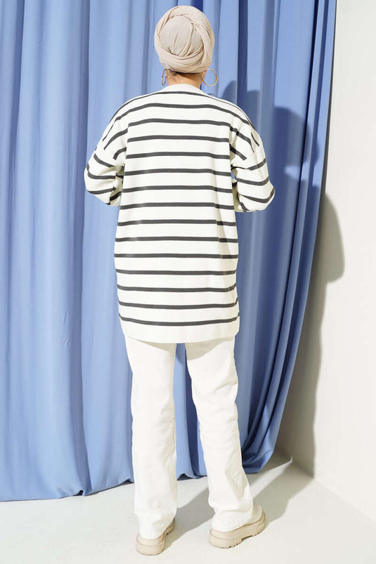 Yatay Çizgi Detaylı Basic Triko Tunik Bej Gri