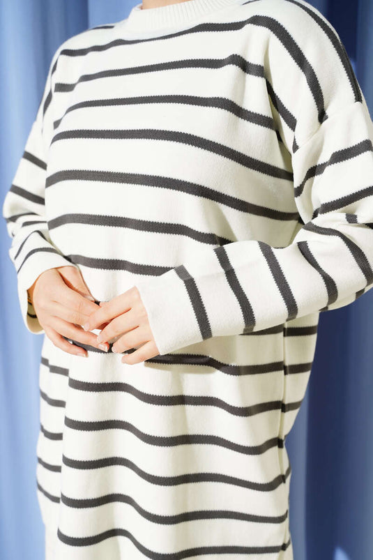 Yatay Çizgi Detaylı Basic Triko Tunik Bej Gri