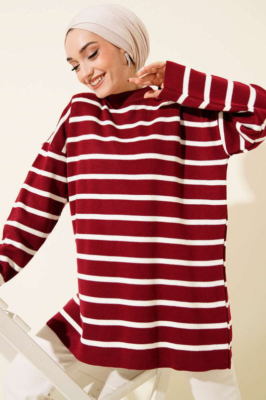 Yatay Çizgi Detaylı Basic Triko Tunik Bordo