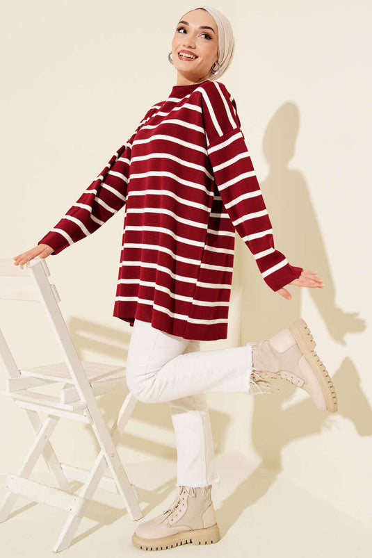 Basic-Strick-Tunika mit waagerechtem Streifendetail in Bordeaux