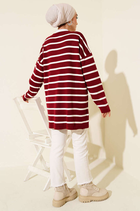 Basic-Strick-Tunika mit waagerechtem Streifendetail in Bordeaux