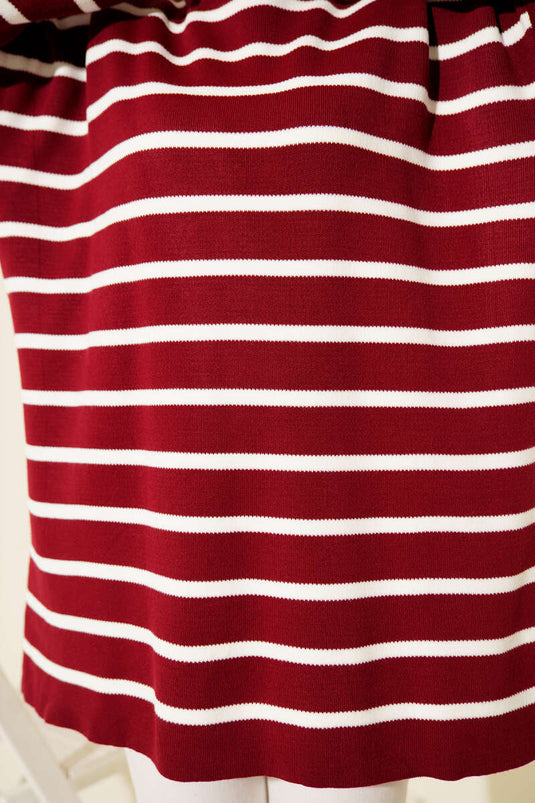 Yatay Çizgi Detaylı Basic Triko Tunik Bordo