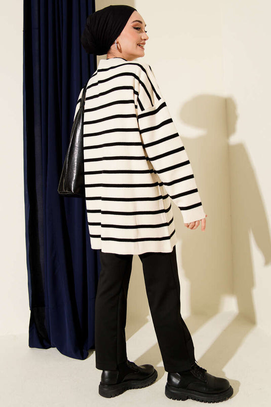 Basic-Strick-Tunika mit waagerechtem Streifendetail, Ecru