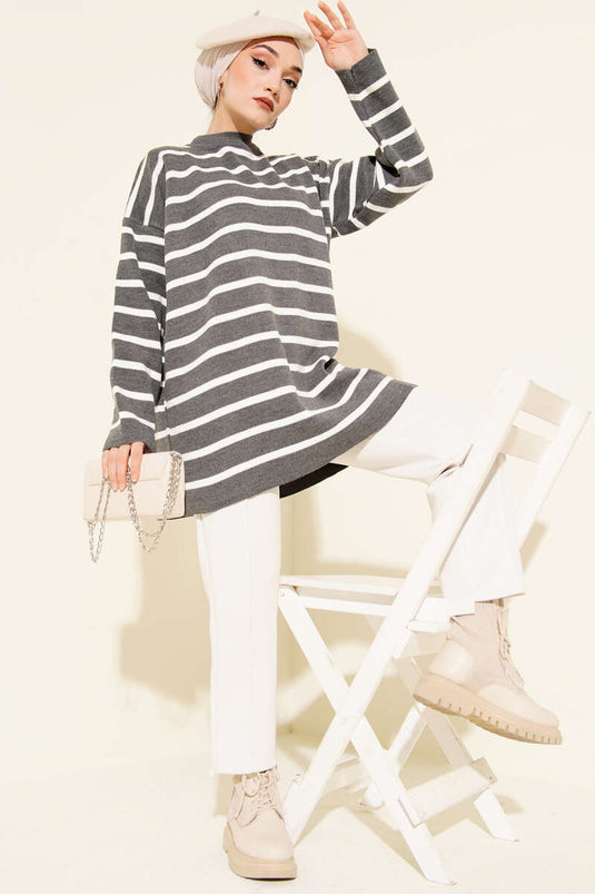 Basic-Strick-Tunika mit waagerechtem Streifendetail Grau