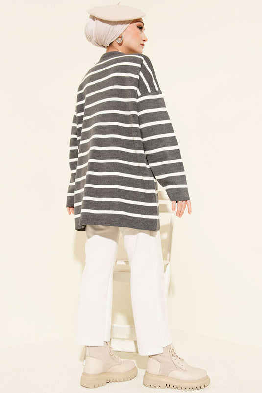 Basic-Strick-Tunika mit waagerechtem Streifendetail Grau