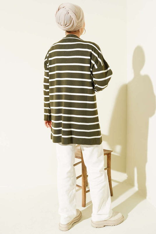 Yatay Çizgi Detaylı Basic Triko Tunik Haki