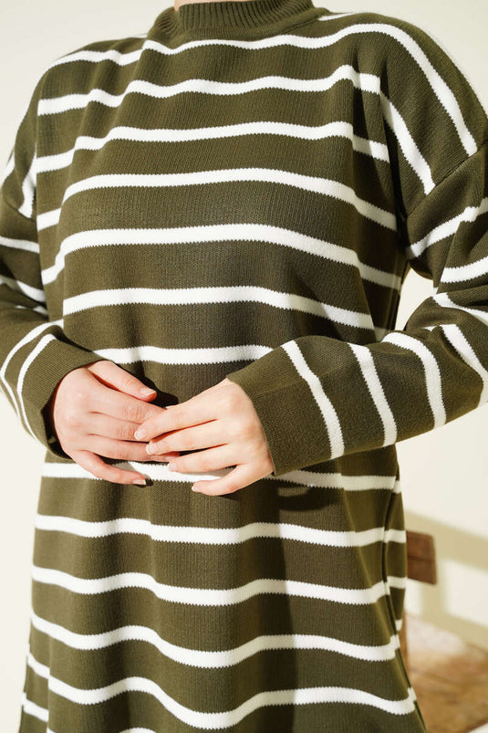 Yatay Çizgi Detaylı Basic Triko Tunik Haki