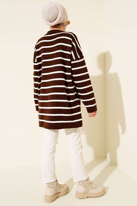 Basic-Strick-Tunika mit waagerechtem Streifendetail, Braun