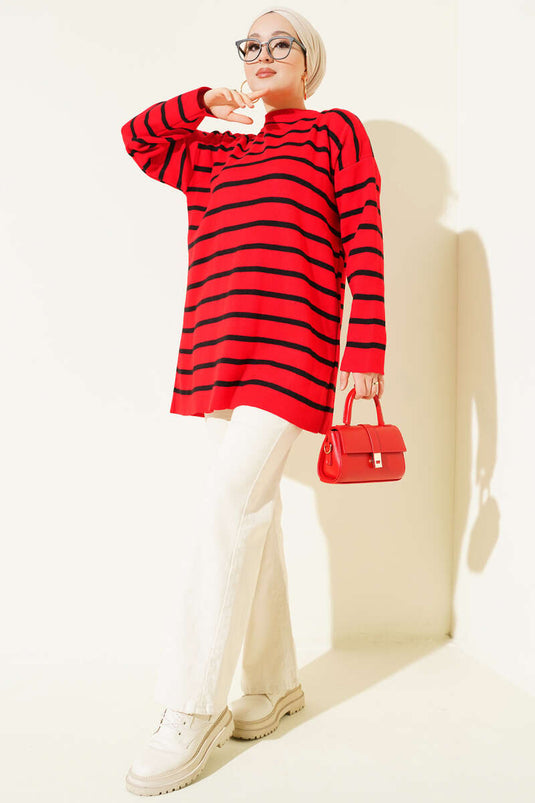 تونيك صوفي أساسي بتفصيل خطوط أفقية أحمر