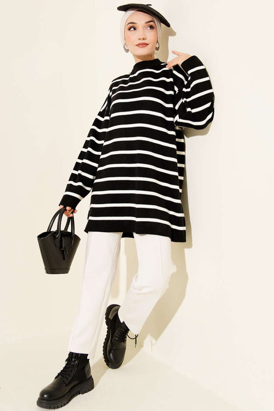 Yatay Çizgi Detaylı Basic Triko Tunik Siyah
