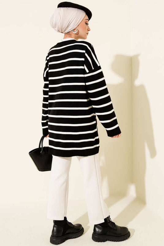 Yatay Çizgi Detaylı Basic Triko Tunik Siyah