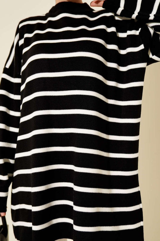 Yatay Çizgi Detaylı Basic Triko Tunik Siyah