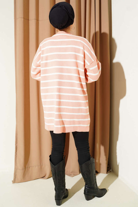 تونيك صوفي أساسي بتفصيل خطوط أفقية بلون السلمون
