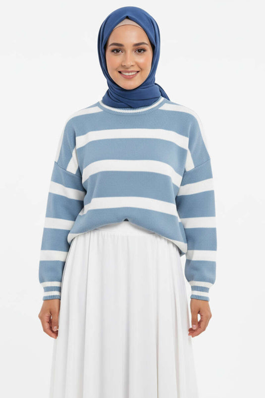 Horizontal Stripe Detail Short Knitted Sweater Baby Blue