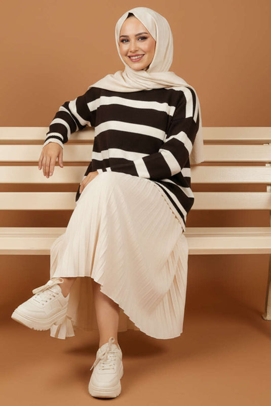 Yatay Çizgi Detaylı Kısa Triko Kazak Kahve