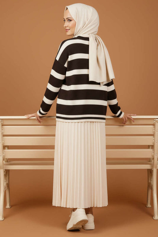 Yatay Çizgi Detaylı Kısa Triko Kazak Kahve